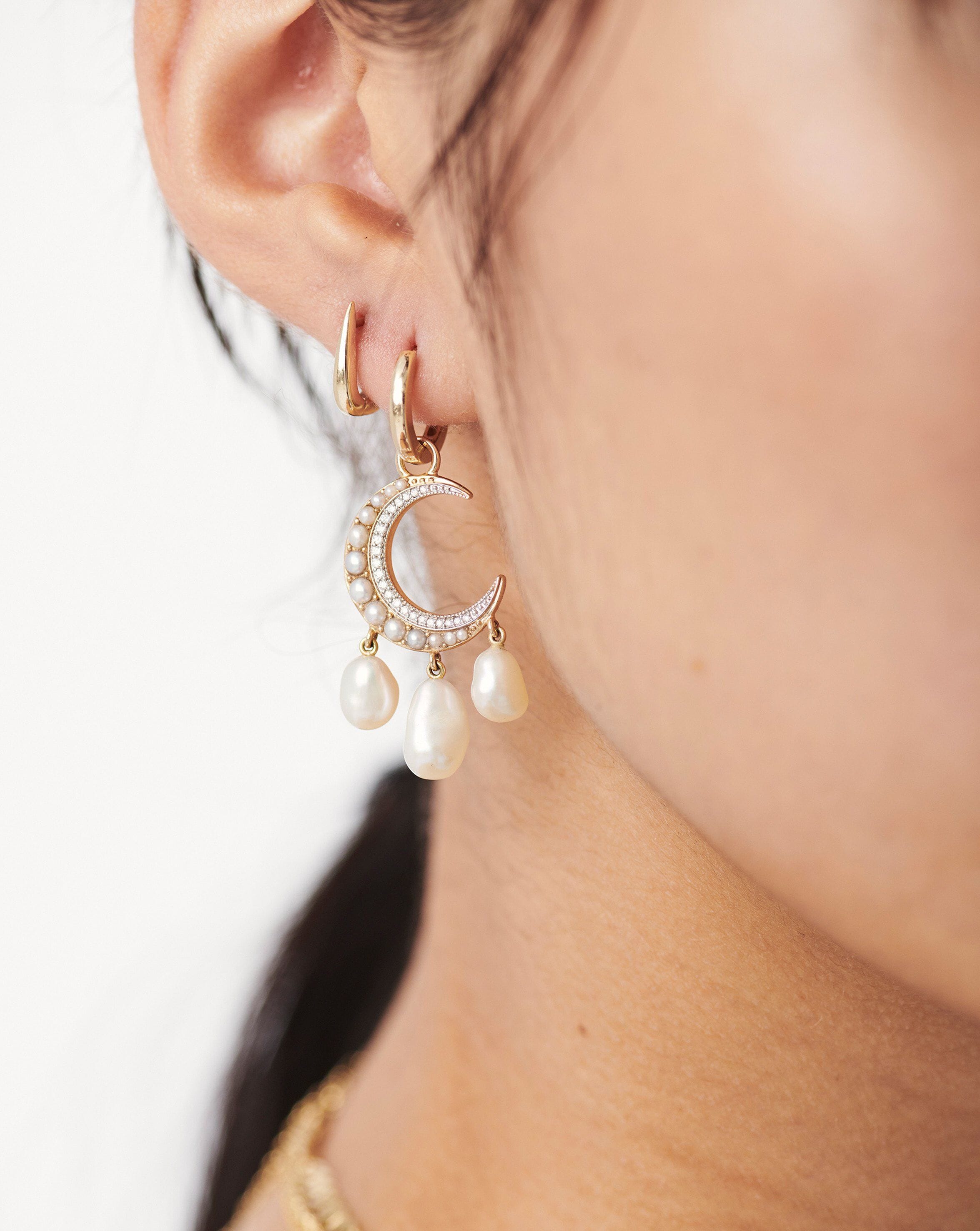 Harris Reed Solid Gold Moon Starlight Earrings | 14ct Solid Gold/Pearl & Diamond