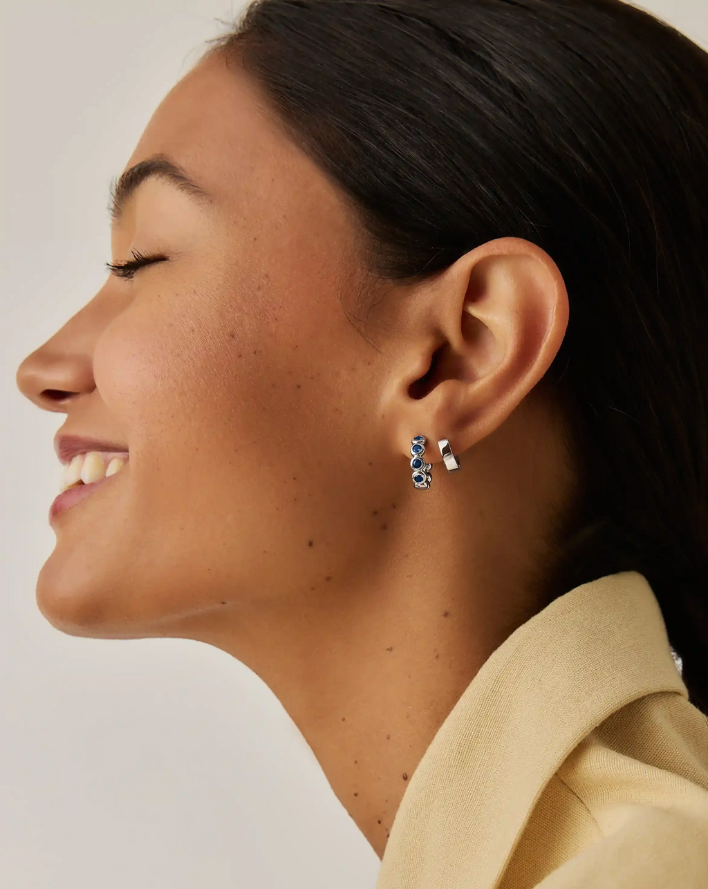 Tennis Small Hoop Earrings | Sterling Silver/Sapphire Blue Nano-crystal